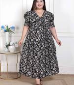 Plus size pleated puff sleeve floral pure cotton black and white butterfly maxi dress