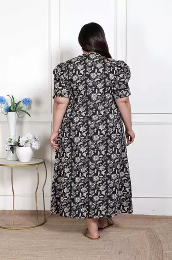 Plus size pleated puff sleeve floral pure cotton black and white butterfly maxi dress