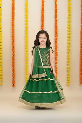 Green plain net stitched sleeveless lehenga