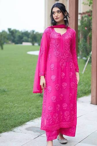 Pink Faux Georgette Embroidered heavy Kurta Palazzo with Dupatta
