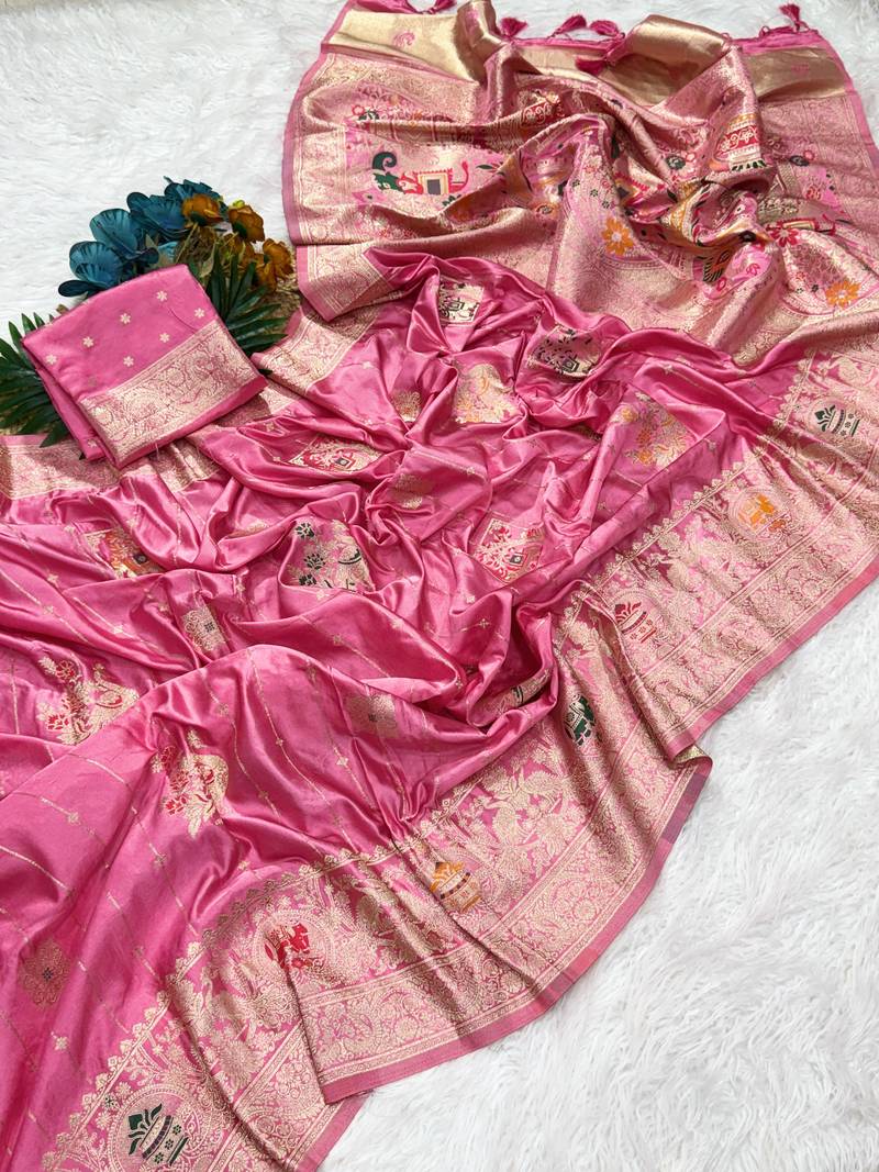 Pink Color Hand Dyed Satin Silk Traditional Saree