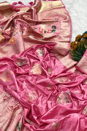 Pink Color Hand Dyed Satin Silk Traditional Saree