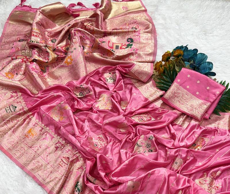 Pink Color Hand Dyed Satin Silk Traditional Saree