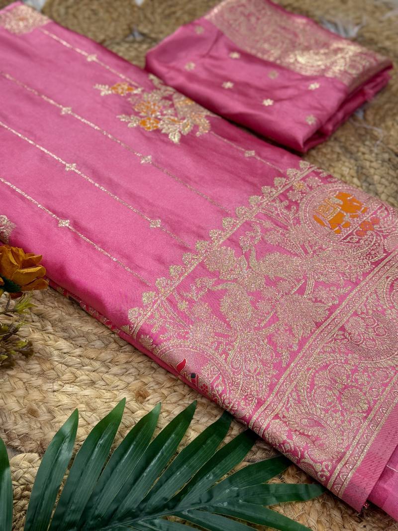 Pink Color Hand Dyed Satin Silk Traditional Saree