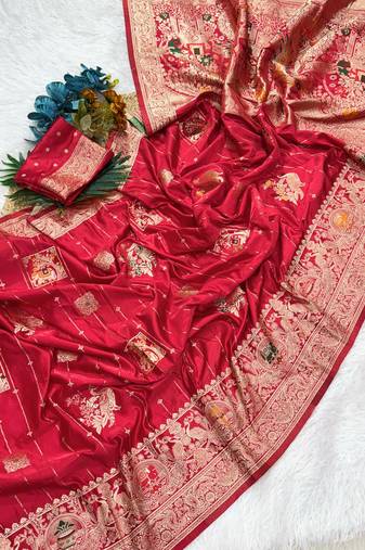 Red Color Hand Dyed Satin Silk Traditional Saree