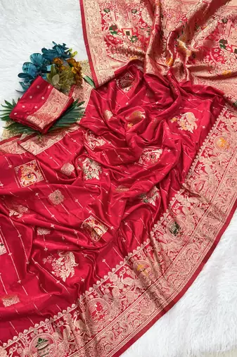 Red Color Hand Dyed Satin Silk Traditional Saree