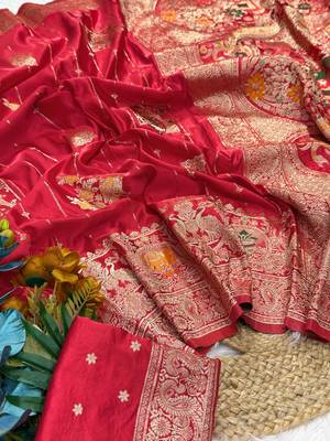 Red Color Hand Dyed Satin Silk Traditional Saree 2