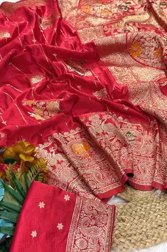 Red Color Hand Dyed Satin Silk Traditional Saree