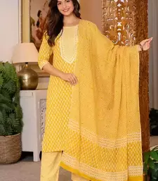 Yellow Printed Cotton Kurta and Pant Set with Dupatta