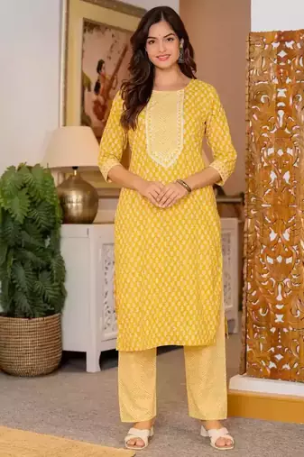 Yellow Printed Cotton Kurta and Pant Set with Dupatta