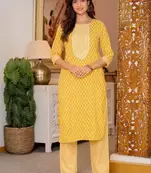 Yellow Printed Cotton Kurta and Pant Set with Dupatta