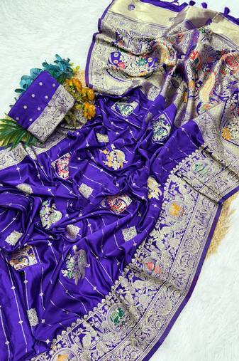 Purple Color Hand Dyed Satin Silk Traditional Saree