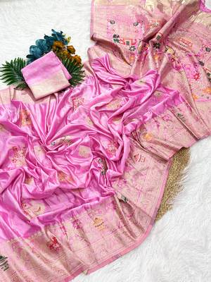 Baby Pink Color Hand Dyed Satin Silk Traditional Saree 1