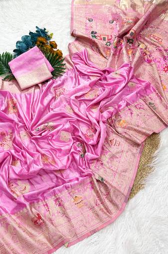 Baby Pink Color Hand Dyed Satin Silk Traditional Saree