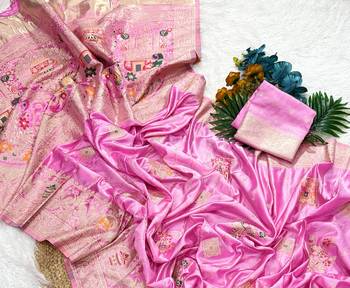 Baby Pink Color Hand Dyed Satin Silk Traditional Saree 2