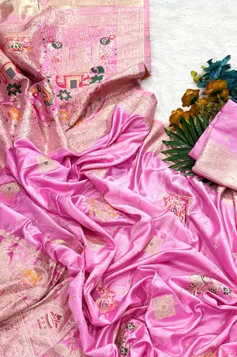 Baby Pink Color Hand Dyed Satin Silk Traditional Saree