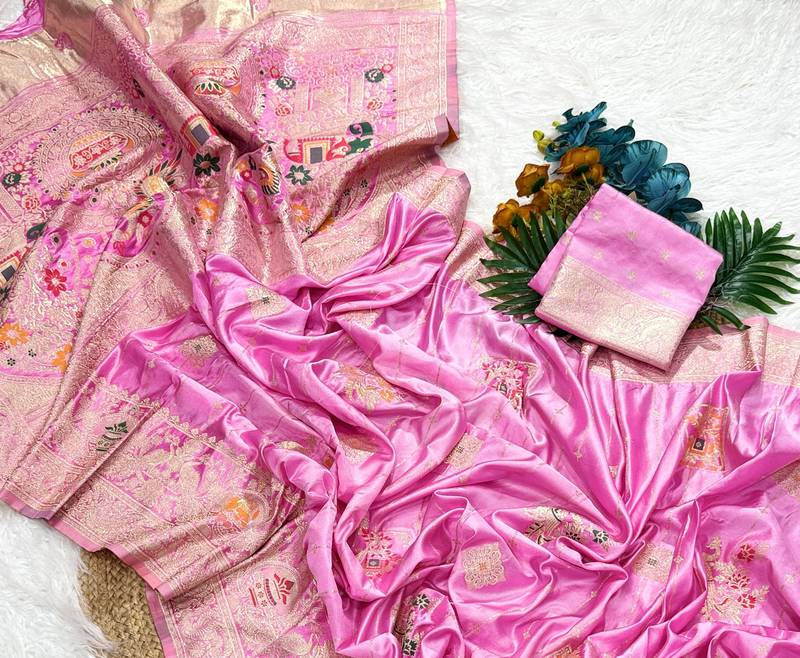 Baby Pink Color Hand Dyed Satin Silk Traditional Saree
