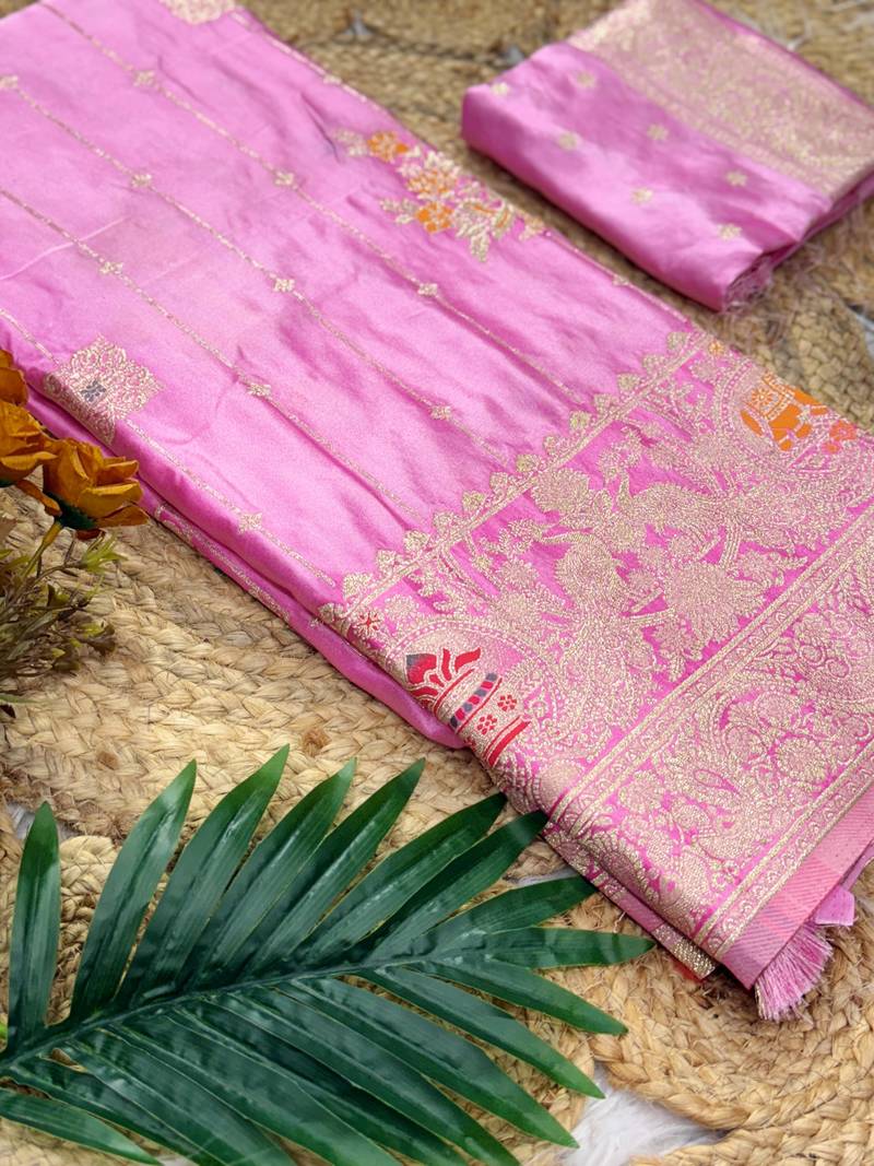 Baby Pink Color Hand Dyed Satin Silk Traditional Saree