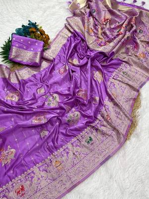 Lavender Color Hand Dyed Satin Silk Traditional Saree 1