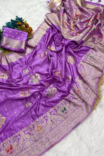 Lavender Color Hand Dyed Satin Silk Traditional Saree