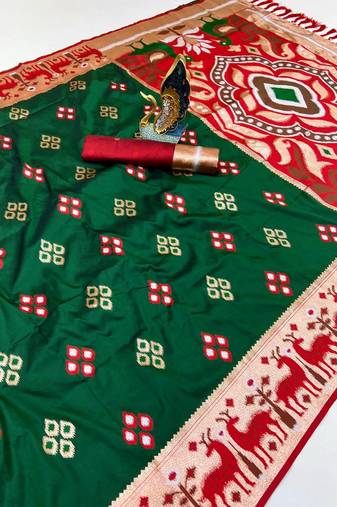 Green soft  saree with zari weawing meenakari rich pallu and unique ikkat border