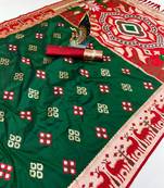 Green soft  saree with zari weawing meenakari rich pallu and unique ikkat border