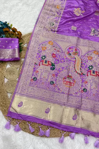 Lavender Color Hand Dyed Satin Silk Traditional Saree