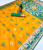 Yellow soft  saree with zari weawing meenakari rich pallu and unique ikkat border