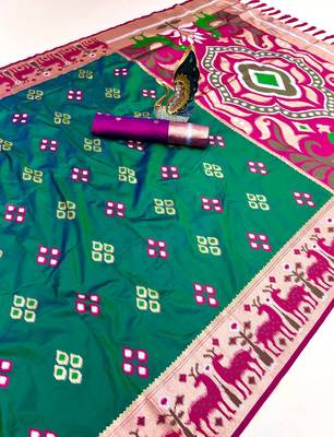 Rama soft saree with zari weawing meenakari rich pallu and unique ikkat border 1