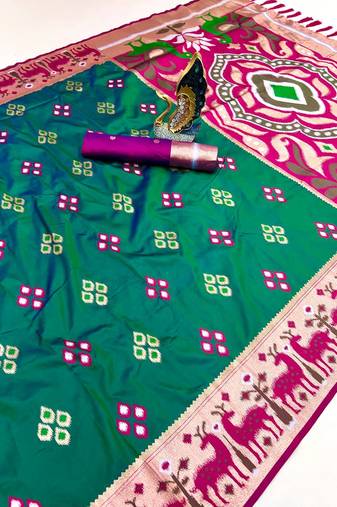Rama soft  saree with zari weawing meenakari rich pallu and unique ikkat border