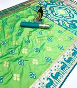 Green soft  saree with zari weawing meenakari rich pallu and unique ikkat border