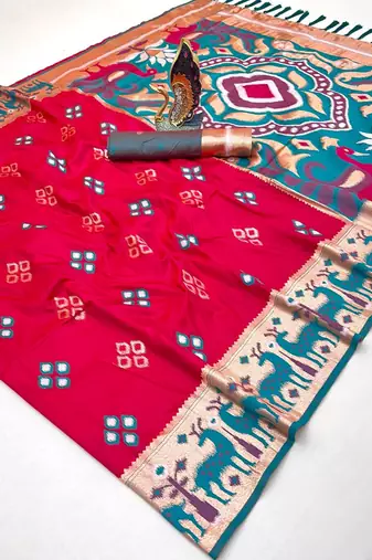 Pink soft saree with zari weawing meenakari rich pallu and unique ikkat border