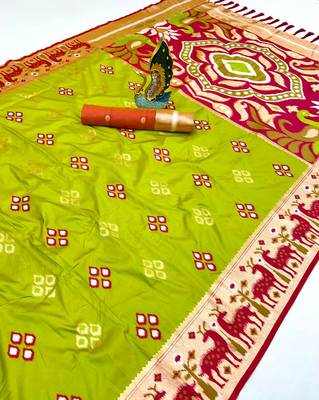 Green soft saree with zari weawing meenakari rich pallu and unique ikkat border 1