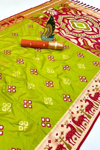 Green soft  saree with zari weawing meenakari rich pallu and unique ikkat border