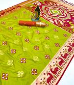Green soft  saree with zari weawing meenakari rich pallu and unique ikkat border