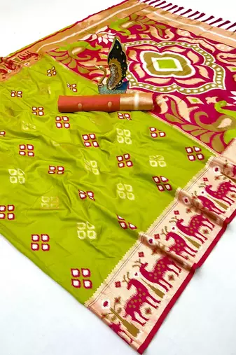 Green soft saree with zari weawing meenakari rich pallu and unique ikkat border