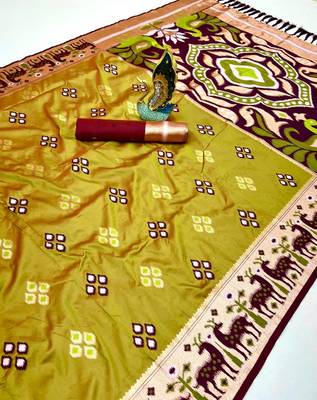 Musterd soft saree with zari weawing meenakari rich pallu and unique ikkat border 1