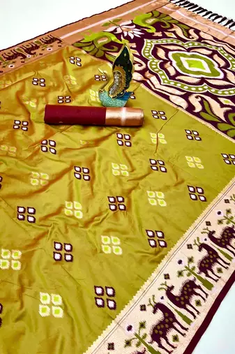 Musterd soft  saree with zari weawing meenakari rich pallu and unique ikkat border