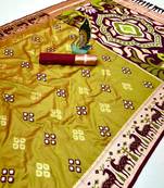 Musterd soft  saree with zari weawing meenakari rich pallu and unique ikkat border