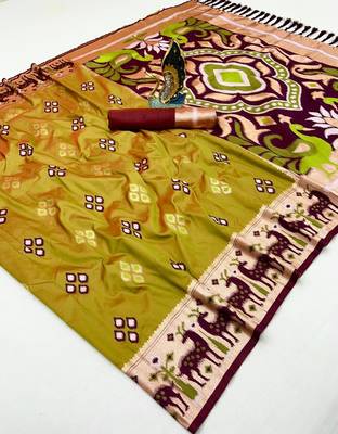 Musterd soft saree with zari weawing meenakari rich pallu and unique ikkat border 2