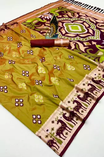 Musterd soft saree with zari weawing meenakari rich pallu and unique ikkat border