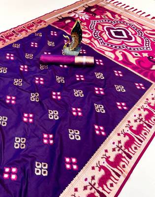 Purple soft saree with zari weawing meenakari rich pallu and unique ikkat border 1