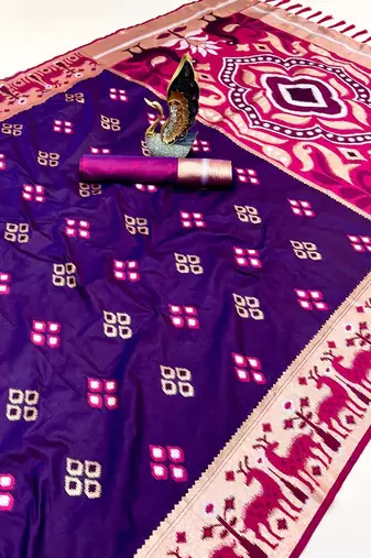 Purple soft  saree with zari weawing meenakari rich pallu and unique ikkat border
