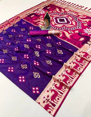 Purple soft saree with zari weawing meenakari rich pallu and unique ikkat border 2