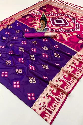 Purple soft saree with zari weawing meenakari rich pallu and unique ikkat border