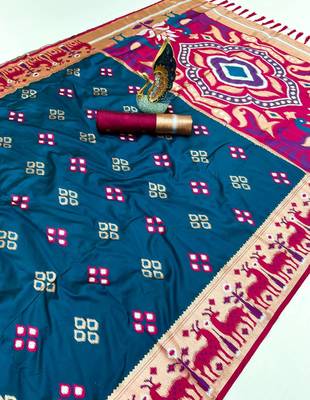 Teal soft saree with zari weawing meenakari rich pallu and unique ikkat border 1
