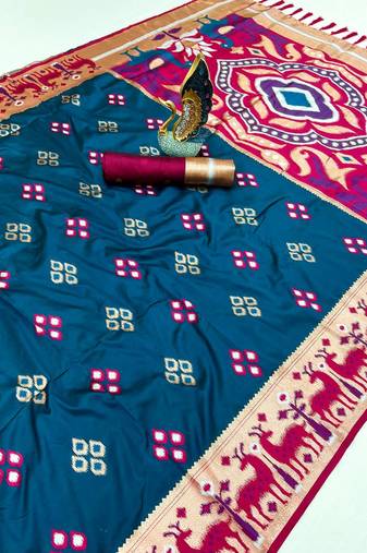 Teal soft  saree with zari weawing meenakari rich pallu and unique ikkat border