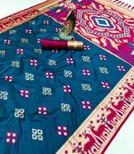 Teal soft  saree with zari weawing meenakari rich pallu and unique ikkat border