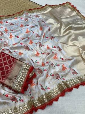 White Color Heavy Banarasi Silk blend Saree 1