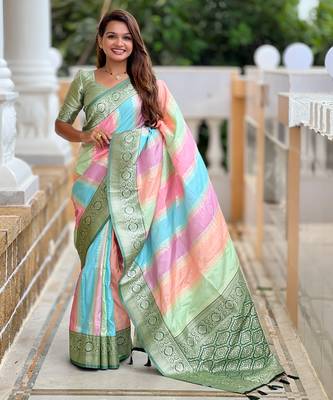Green faux banarasi silk blend saree with blouse 1